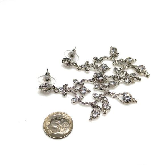 Dangle Earrings Clear Rhinestones Silver Tone, 2 3/4 Inch, Formal Wedding Posts - Picture 7 of 8